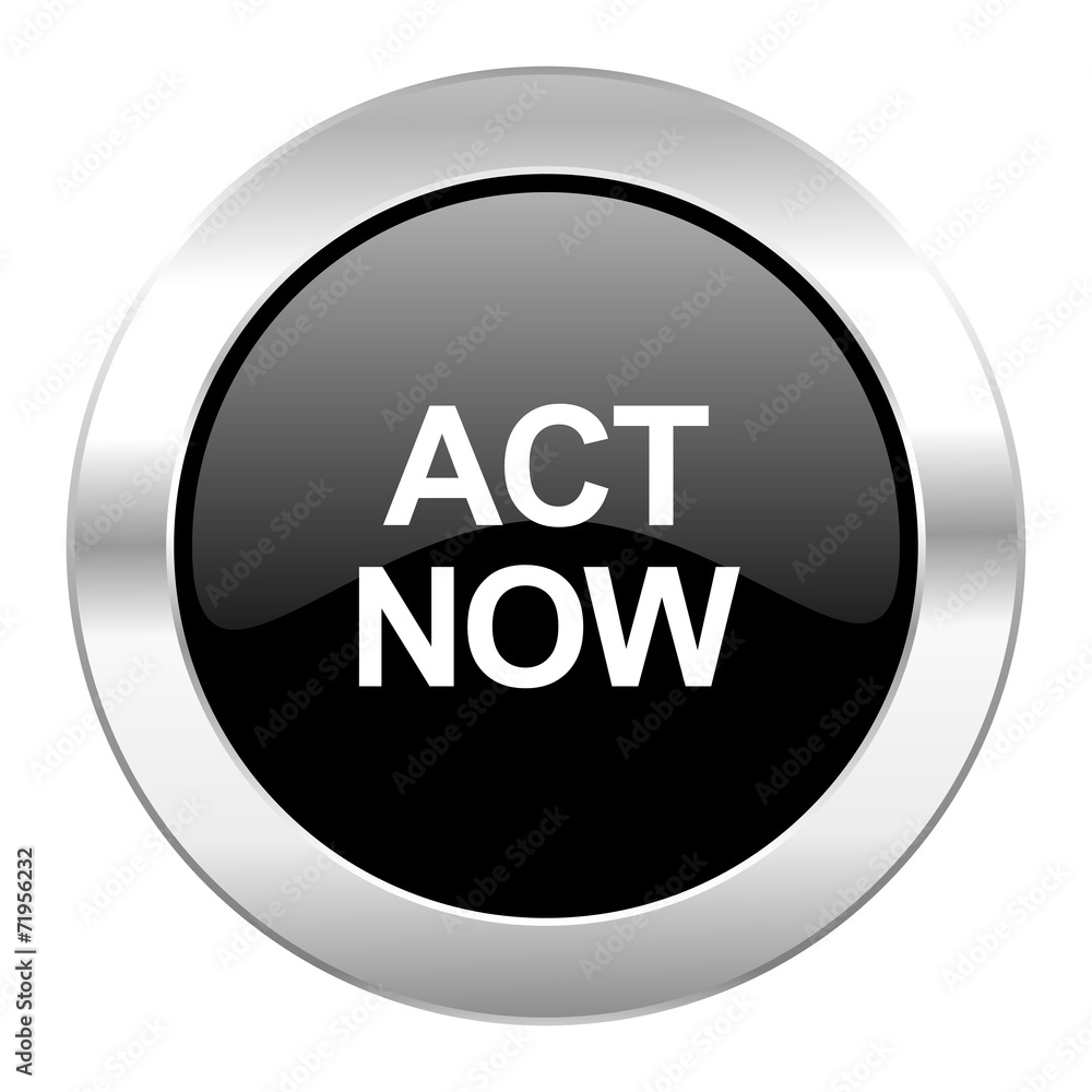 act now black circle glossy chrome icon isolated act now black circle glossy chrome icon isolated