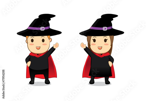 Witch and Wizard cartoon in greeting action