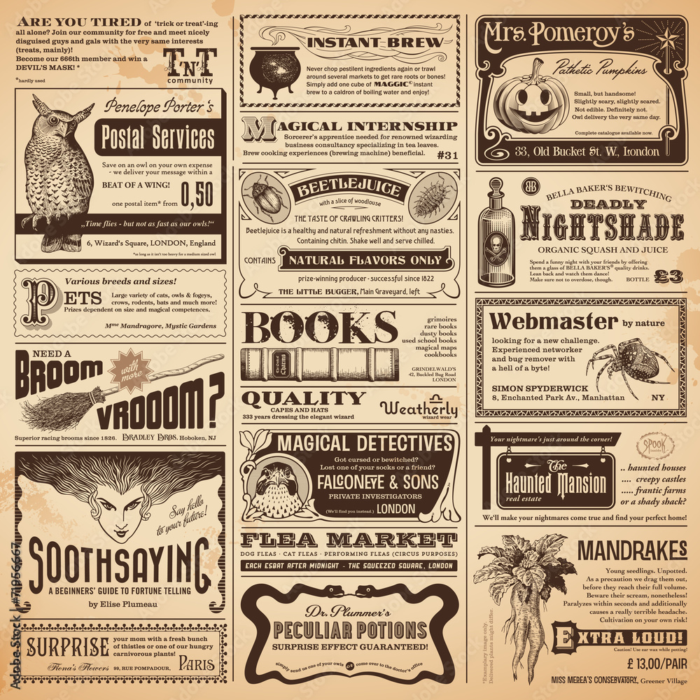Naklejka premium wizarding newspaper with classifieds