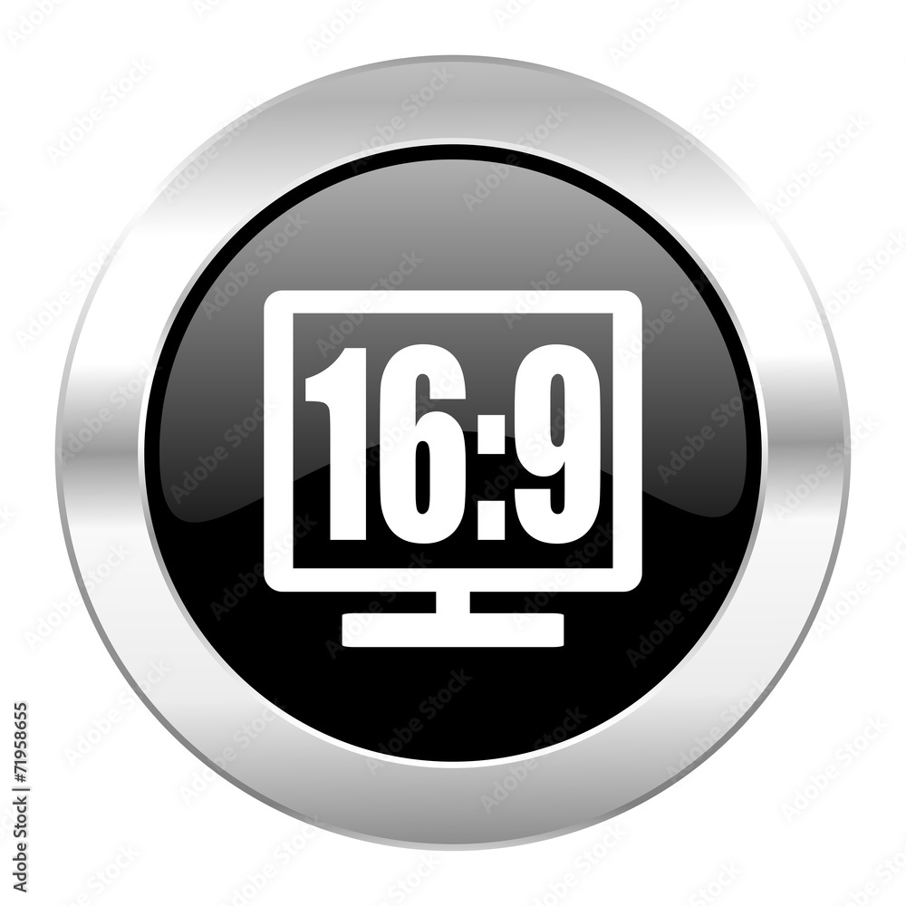 16 9 display black circle glossy chrome icon isolated 16 9 display black circle glossy chrome icon isolated