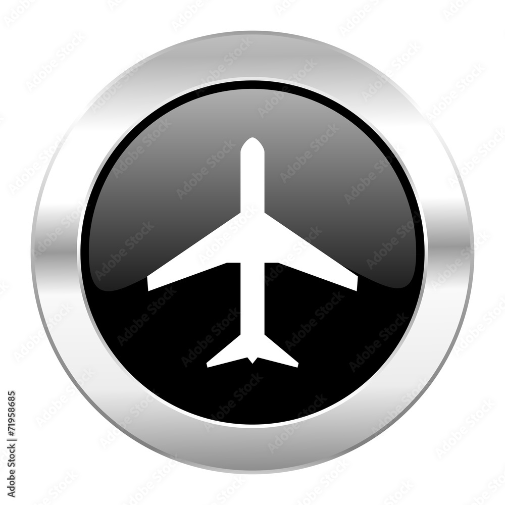 plane black circle glossy chrome icon isolated