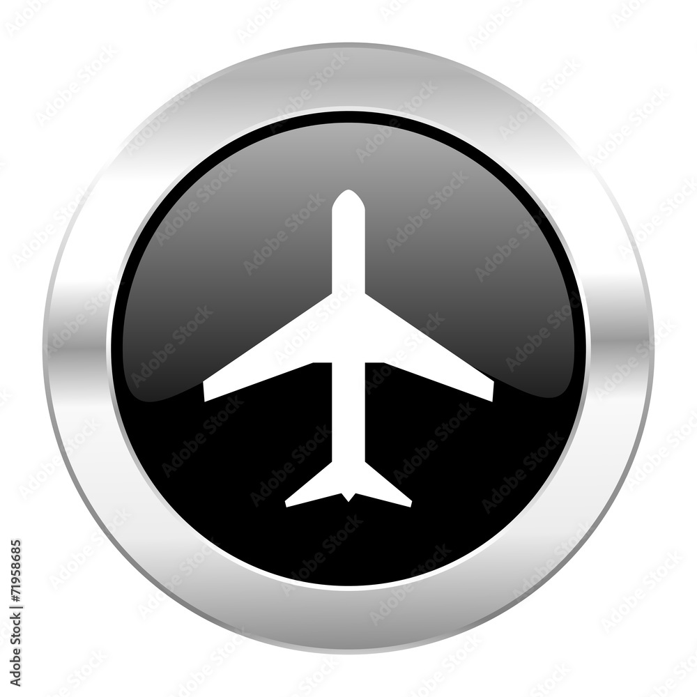 plane black circle glossy chrome icon isolated plane black circle glossy chrome icon isolated