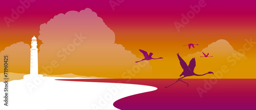 Flamingos flying at sunset