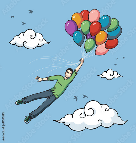 Boy flying with balloons