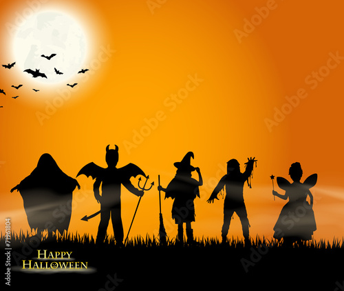 Halloween - verkleidete Kindersilhouetten - trick or treat