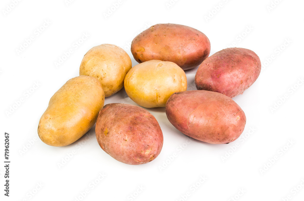 White and red potatoes isolated on a white studio background. White and red potatoes isolated on a white studio background.