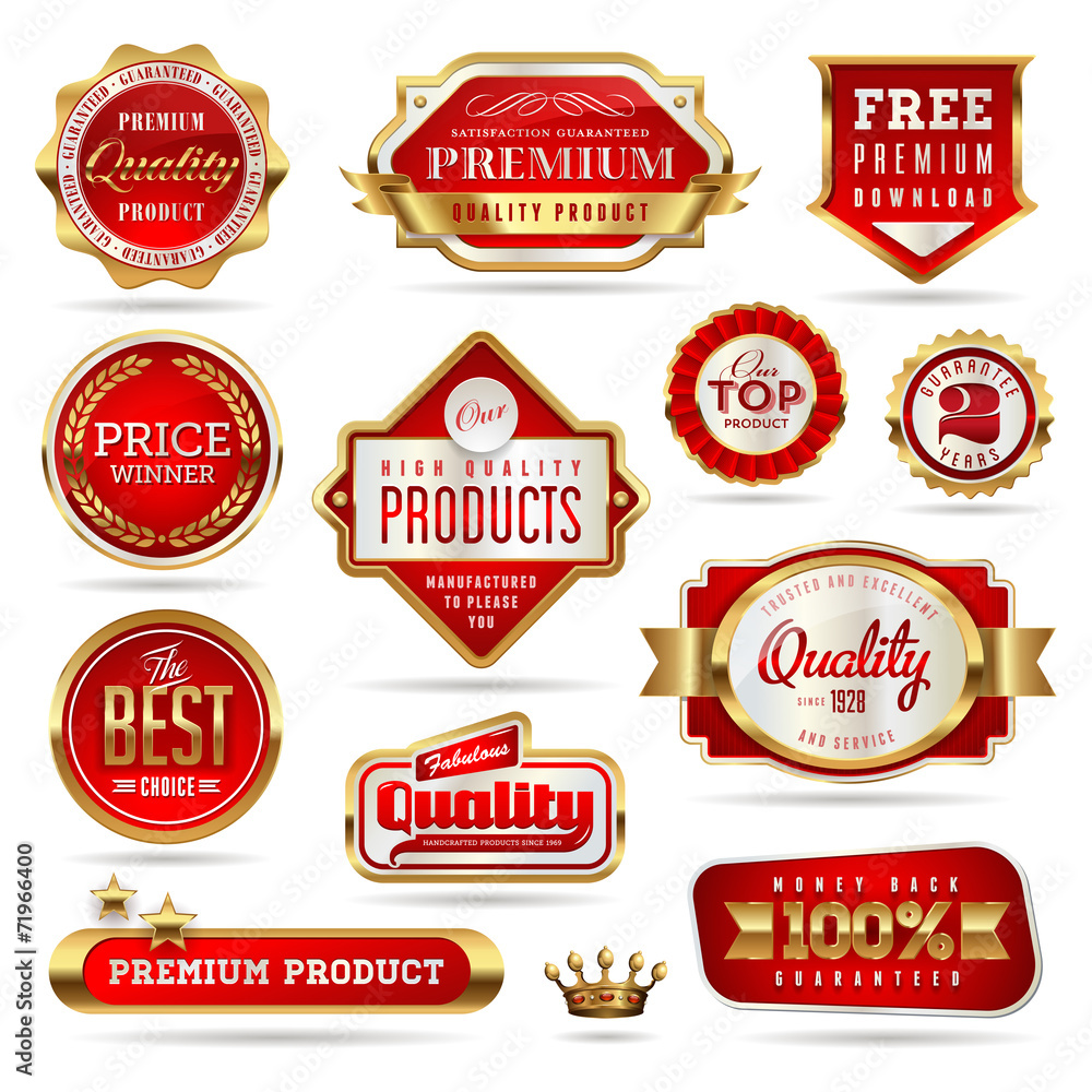 red and golden promo stickers