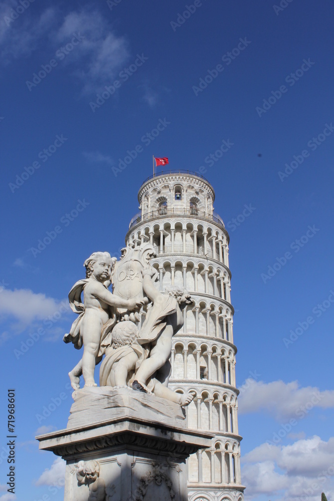 Pisa Leaning tower, and angel statue detail