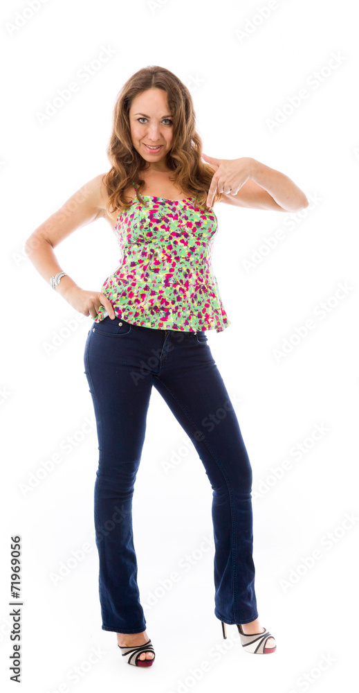 model isolated on plain background pointing to herself model isolated on plain background pointing to herself