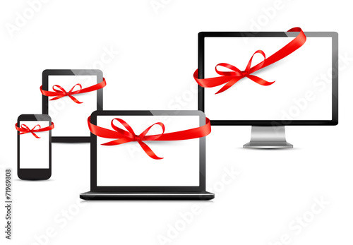 Set of digital devices with gift ribbons and bow. Vector