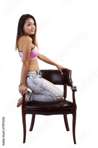Asian American Woman Jeans Pink Sports Bra