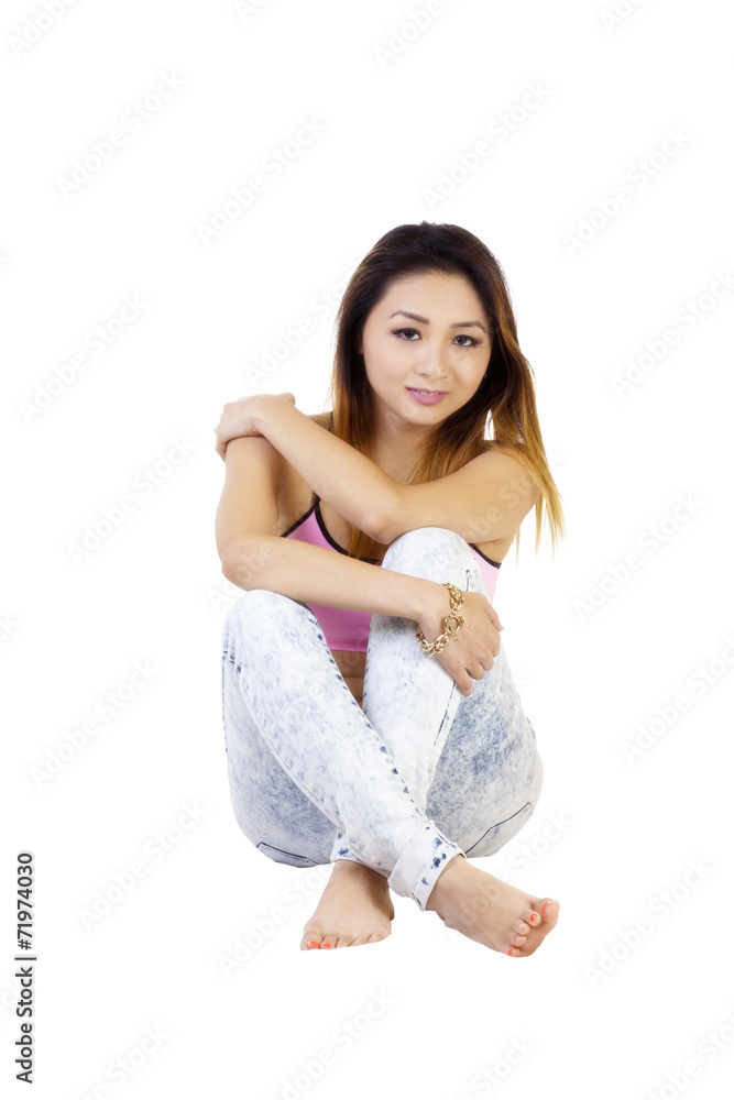 Asian American Woman Jeans Pink Sports Bra Asian American Woman Jeans Pink Sports Bra