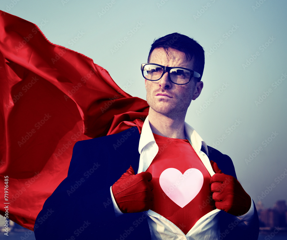 Strong Superhero Businessman Heart Concepts - obrazy, fototapety, plakaty 