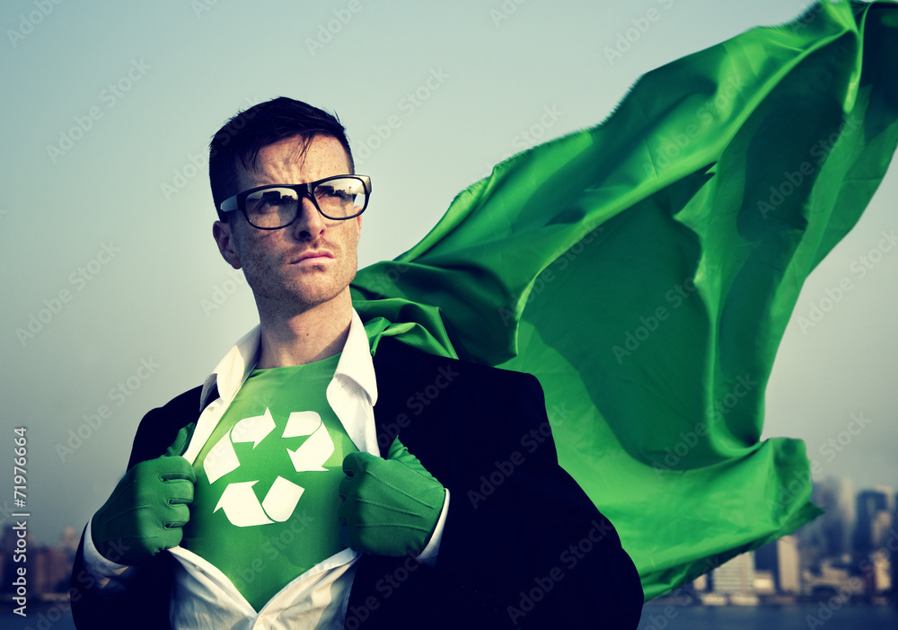 Superhero With Recycling Symbol on Outfit - obrazy, fototapety, plakaty 
