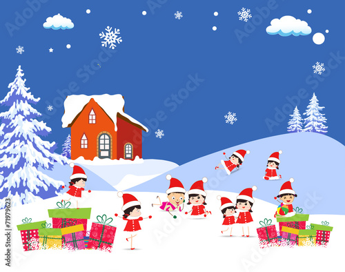 kids playing on Winter forest background