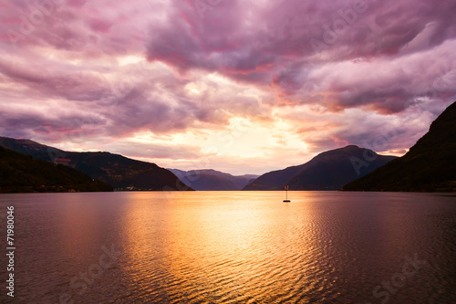 Sunset in fjord Hardanger Norway