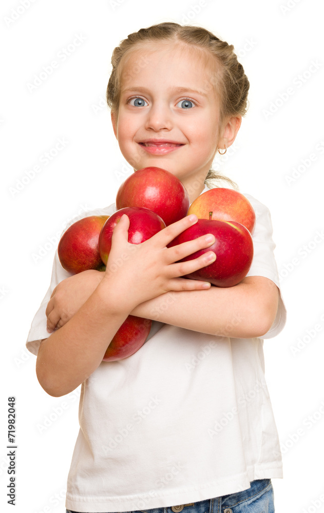 little girl with fruits and vegetables on white little girl with fruits and vegetables on white