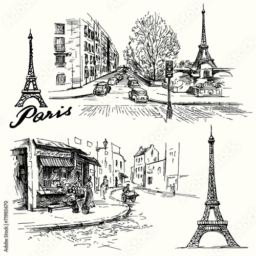 Carta da parati Parigi - Carta da parati France, Paris - Eiffel tower - hand drawn set