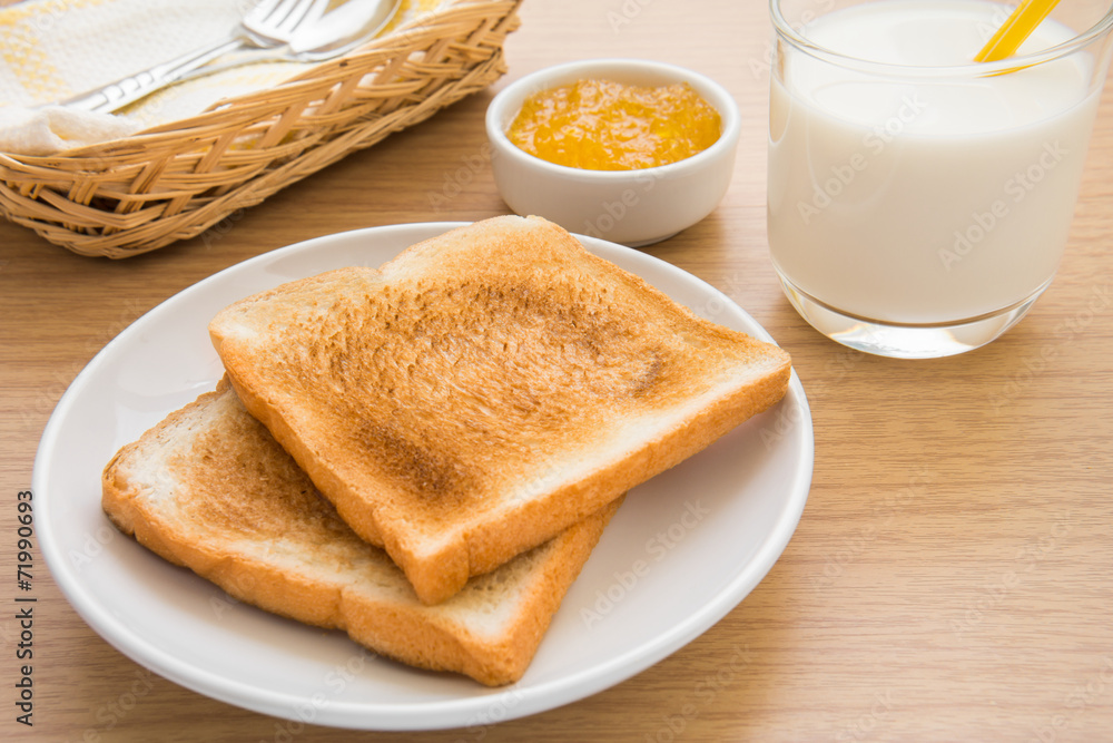 Slice of toasts, jam and milk Slice of toasts, jam and milk