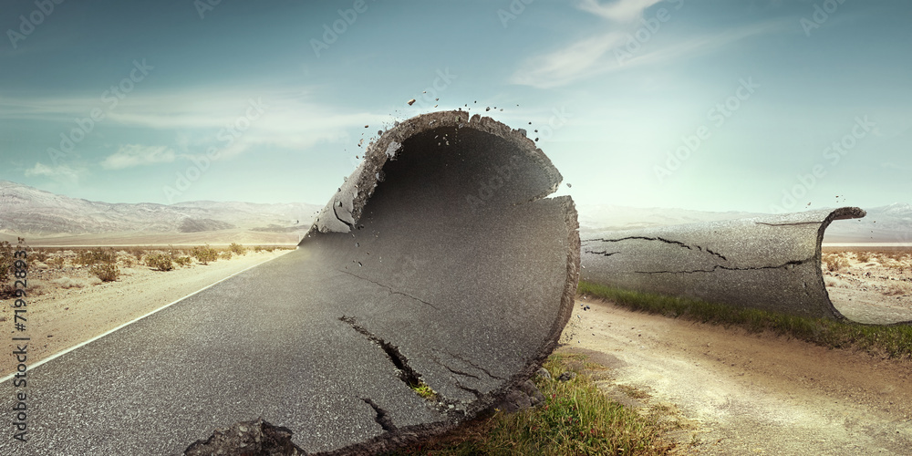 Road parted by a sandy path to the sun. Background - obrazy, fototapety, plakaty 