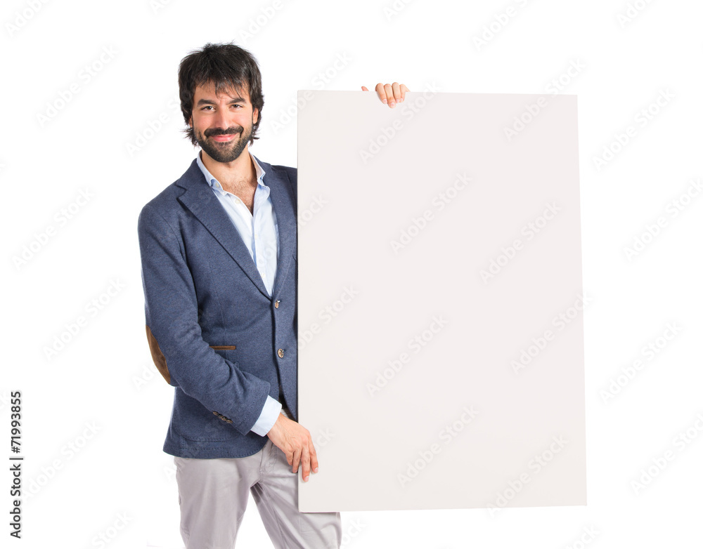 Businessman with empty placard over idolated white background Businessman with empty placard over idolated white background