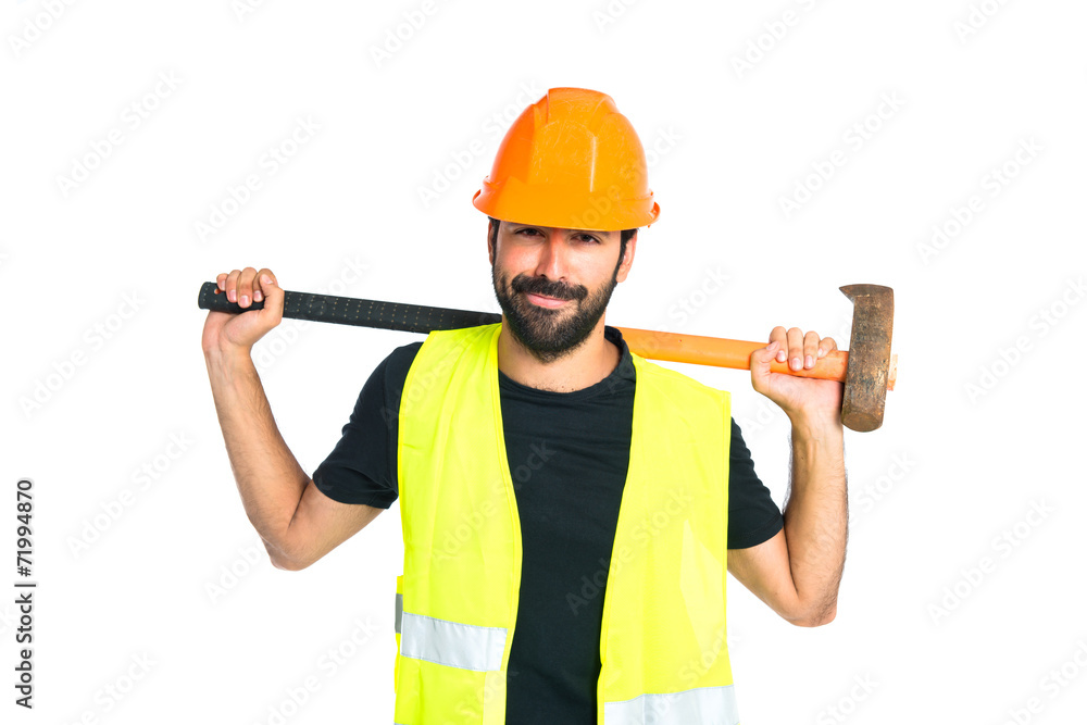Workman with ax over white background Workman with ax over white background