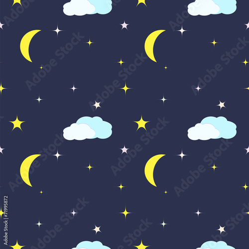 Seamless Pattern with night sky, moon and stars