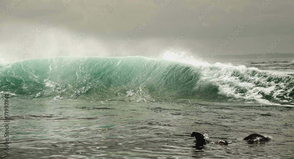 Wave on the surface of the ocean. Wave breaks on a shallow bank 