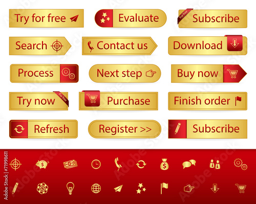 Gold web buttons with different bookmarks and icons