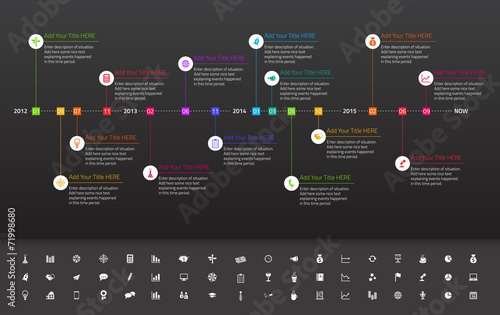 Modern flat timeline with rainbow milestones on dark background