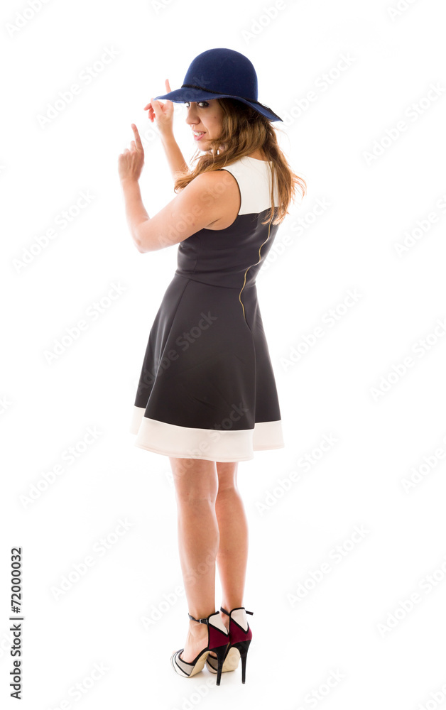 model isolated on plain background looking at camera pointing model isolated on plain background looking at camera pointing