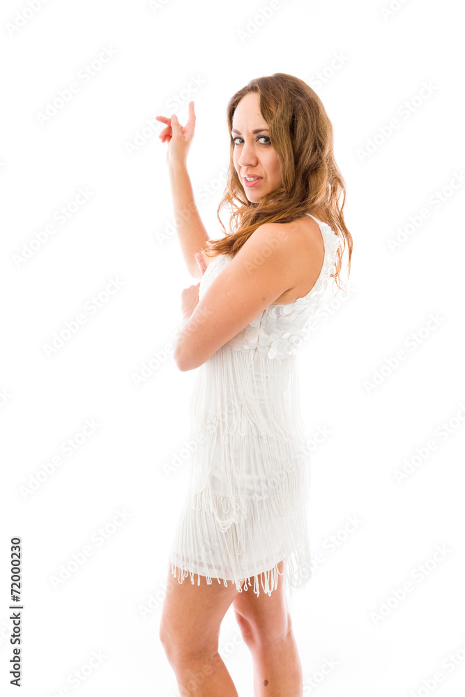 model isolated on plain background looking at camera pointing model isolated on plain background looking at camera pointing