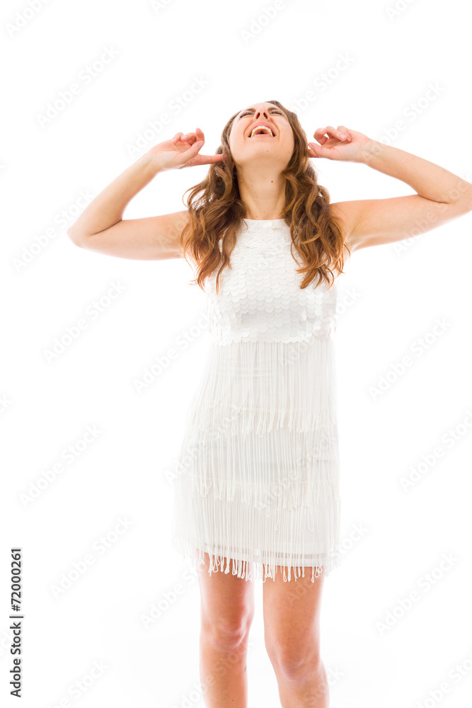 Naklejka premium model isolated on plain background plugging ears with fingers