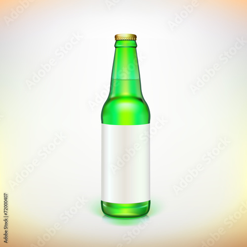 Glass beer green bottle and label. Product packing.