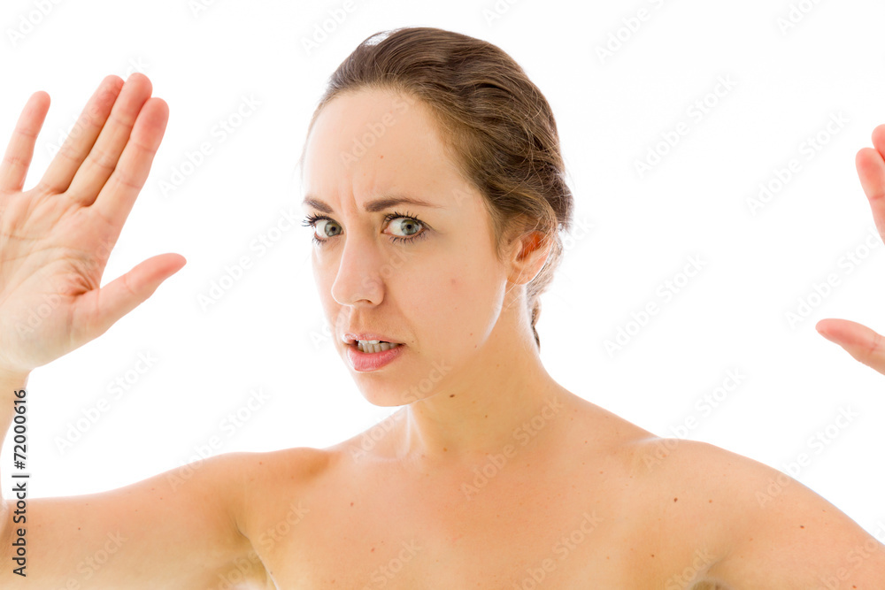 model isolated on plain background stop sign with hands model isolated on plain background stop sign with hands