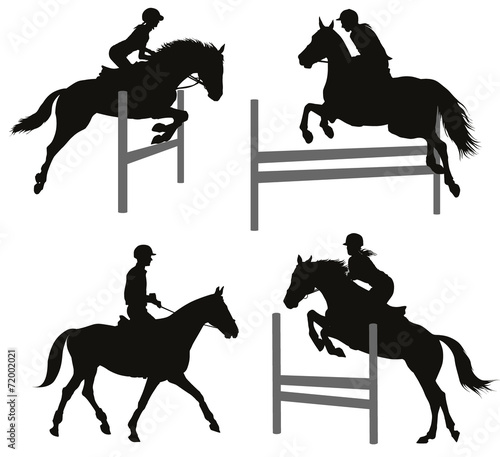 Horses jumping a hurdle. Vector silhouettes set. EPS 10