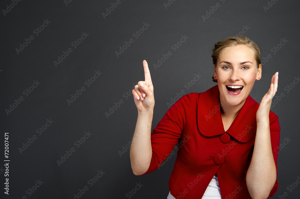 Businesswoman smile point finger to empty copy space, business w Businesswoman smile point finger to empty copy space, business w