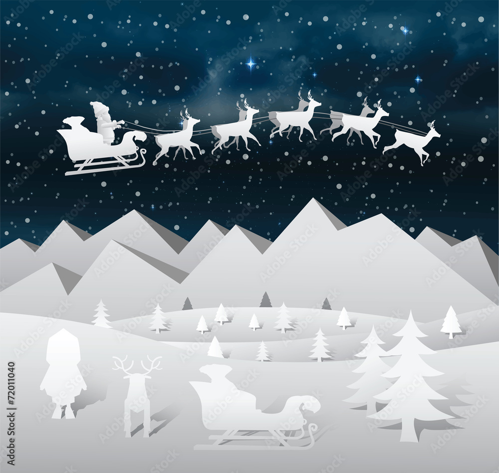 Christmas vector with flying santa and reindeer