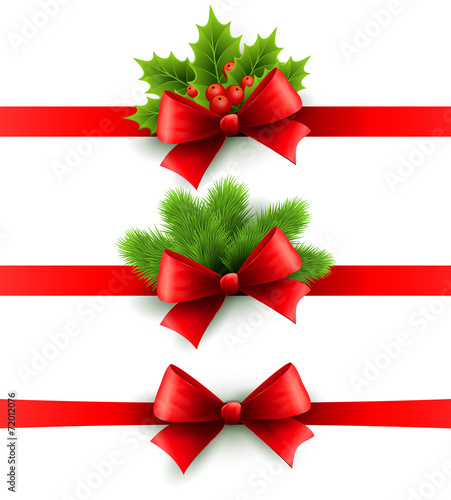 Red holiday ribbon with bow. holly and pine decoration