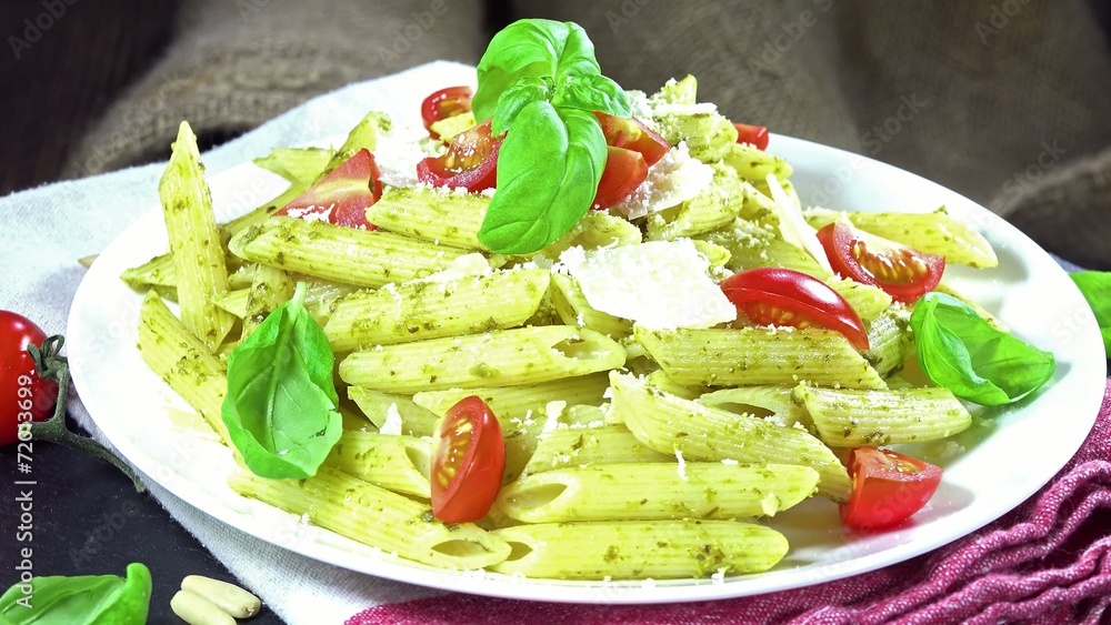 Fresh made Penne with Pesto (loopable) Fresh made Penne with Pesto (loopable)