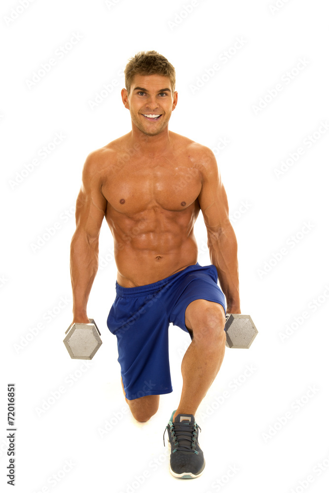 man fitness no shirt on lunge smile man fitness no shirt on lunge smile