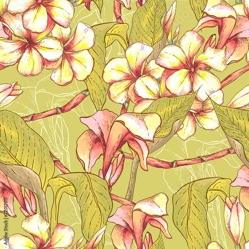 Tropical seamless pattern with exotic flowers. © depiano