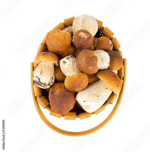 boletus mushrooms in a basket over white