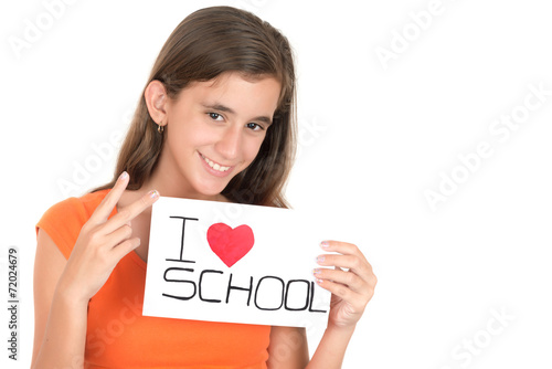 Girl holding a sign with the words I love school