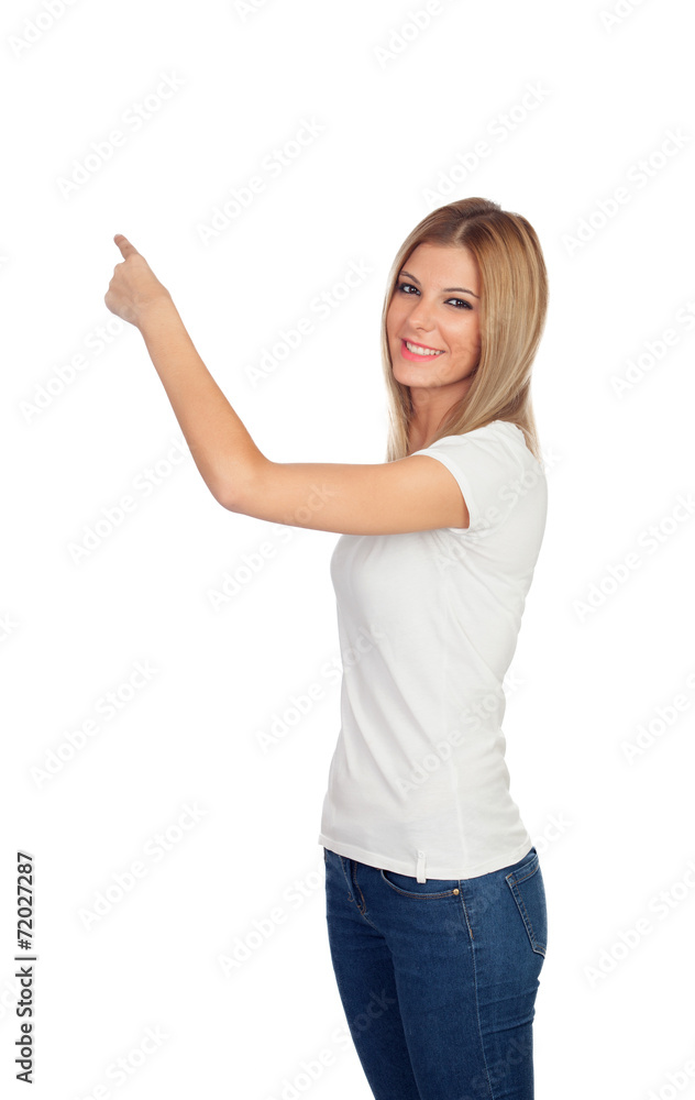 Attractive blonde pointing something with her finger Attractive blonde pointing something with her finger