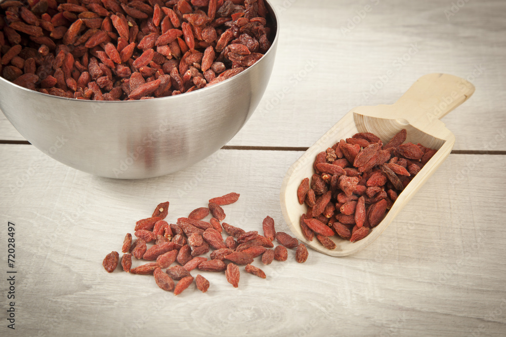 wooden spoon with goji berries on the table closeup wooden spoon with goji berries on the table closeup