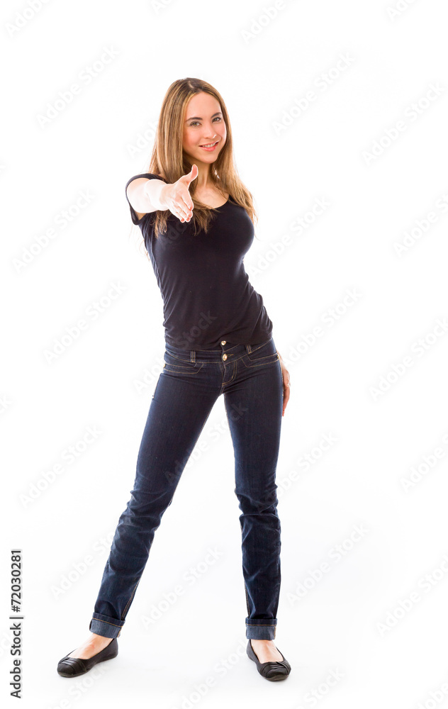 model isolated on plain background greetings hand shake model isolated on plain background greetings hand shake