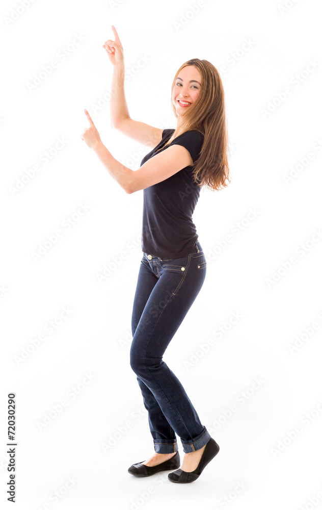 model isolated on plain background looking at camera pointing model isolated on plain background looking at camera pointing