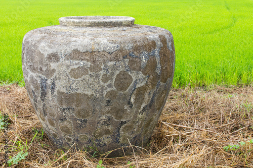 Large cement jar on hay in paddy field. © kaentian