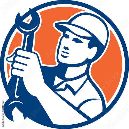 Mechanic Holding Spanner Wrench Circle Retro